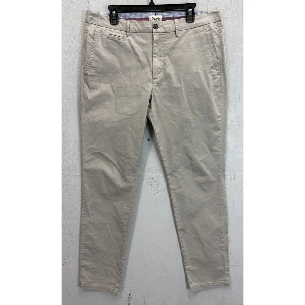 Mens PERK Khaki Pants Slim Stretch Size 36x32 Brown Tan Casual Flat Front